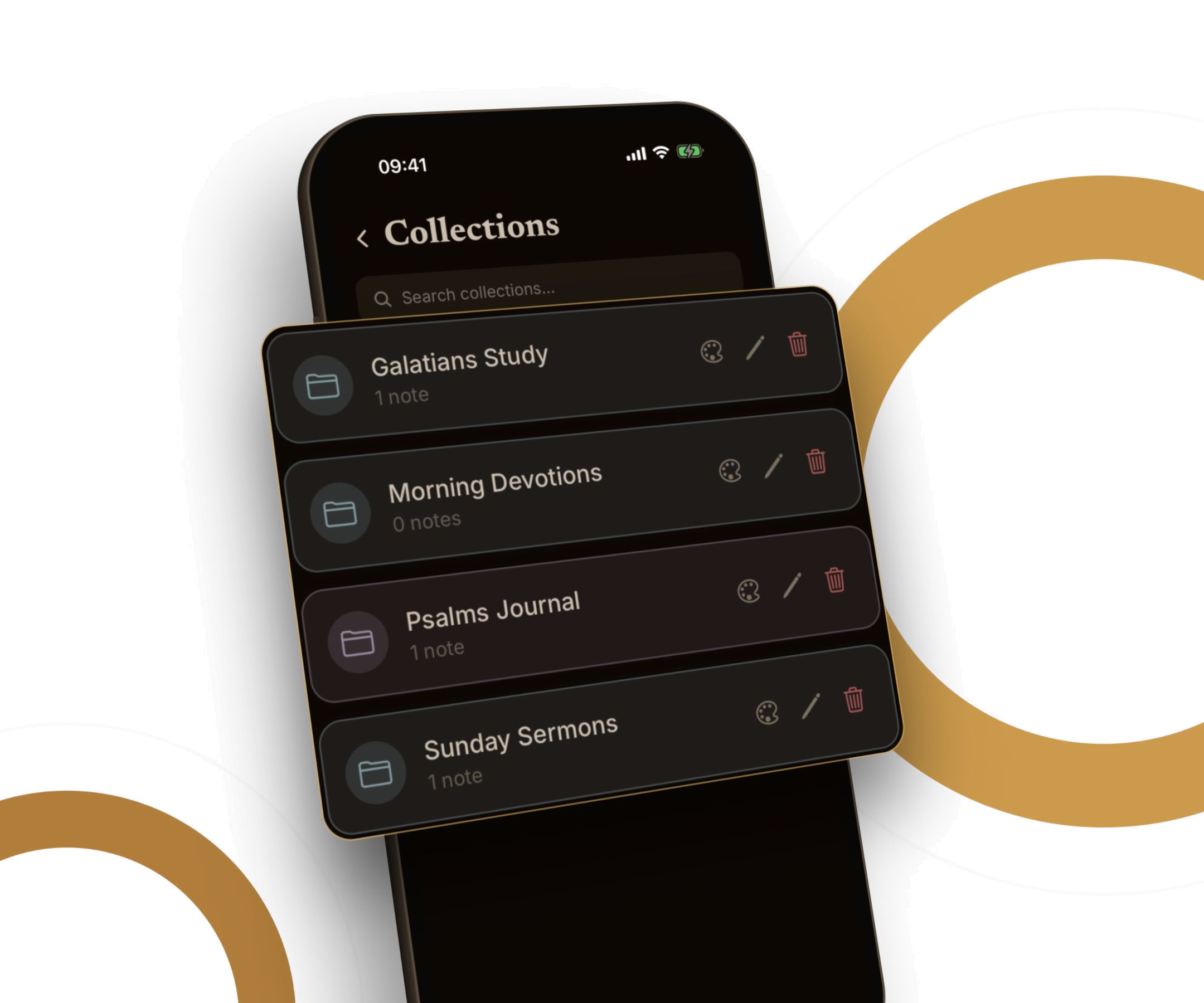 The Good Soil collections screen: Galatians Study, Morning Devotions, Psalms Journal and Sunday Sermons.